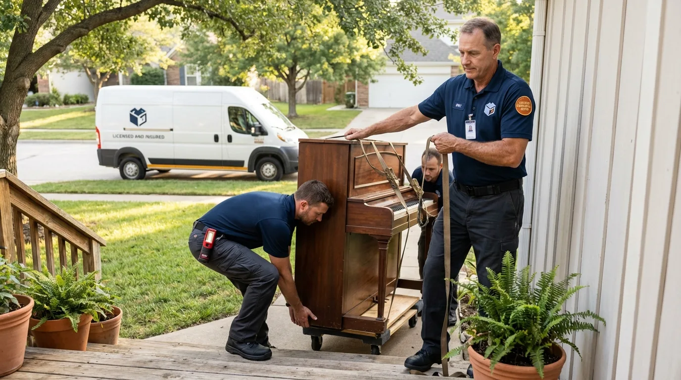 Licensed piano movers securing grand piano in Rochester, IL