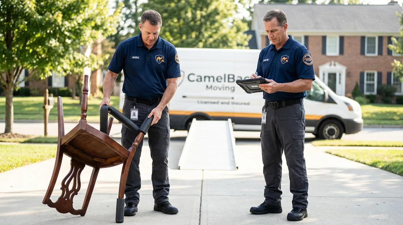 Movers inspecting furniture for damage prevention before loading in Rochester, IL