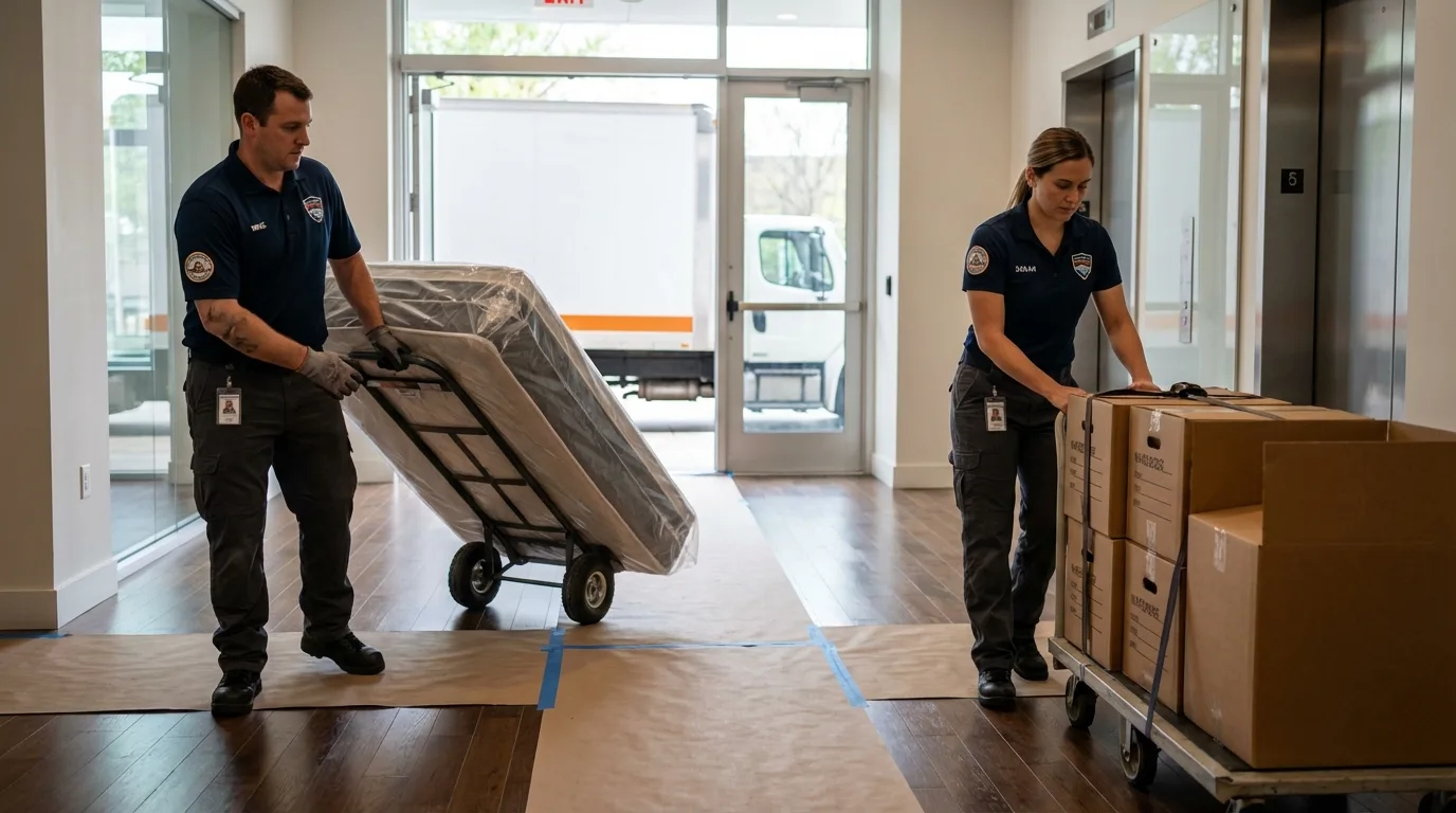 Professional apartment movers loading elevator in Rochester, IL