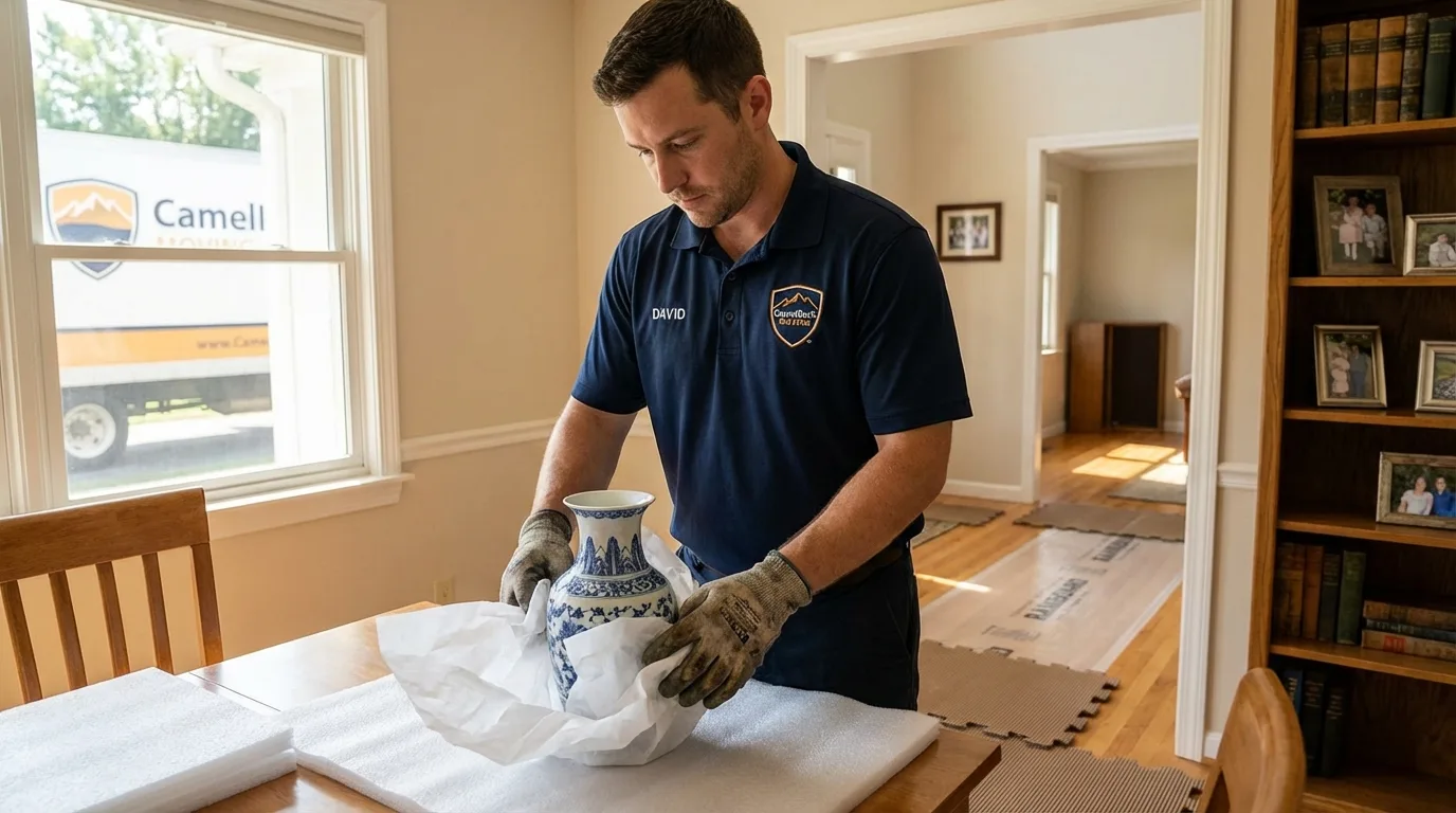 Professional crew carefully wrapping antique vase for senior downsizing move in Rochester, IL